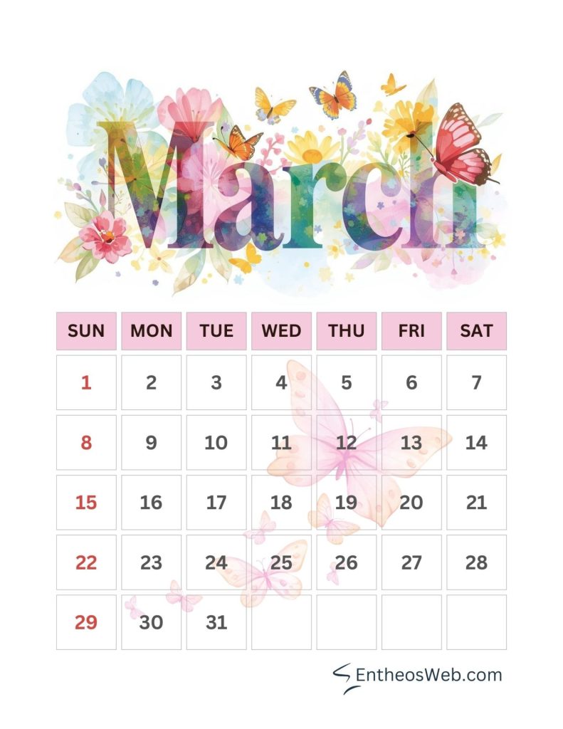 March 2026 calendar colorful spring and butterflies