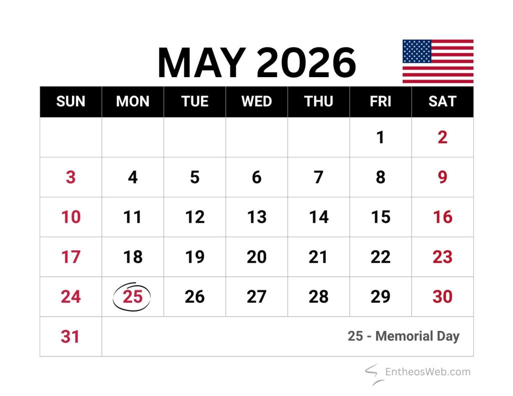 May 2026 calendar page with weekends in red may 25 circled and memorial day note Us flag in corner May 2026 calendar with federal holidays large print