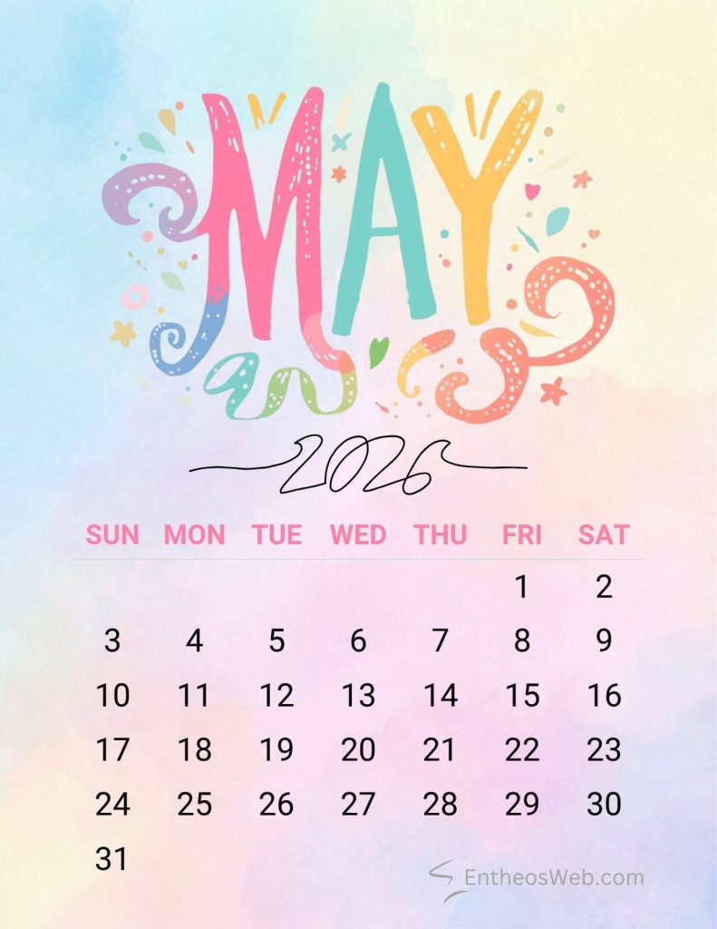 Colorful may 2016 calendar page with a pastel gradient background and the days of the month in a grid  may calendar 2026 pastel celebration