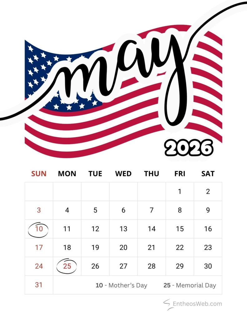 May 2026 calendar page with patriotic flag graphic sundays in red and dates circled on the 10th and 25th mothers day and memorial day May calendar 2026 with usa holidays and observances