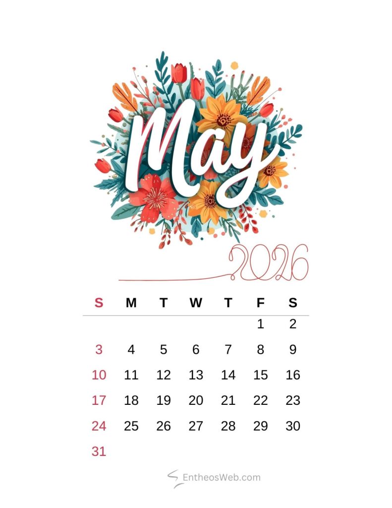 May floral printable calendar 2026