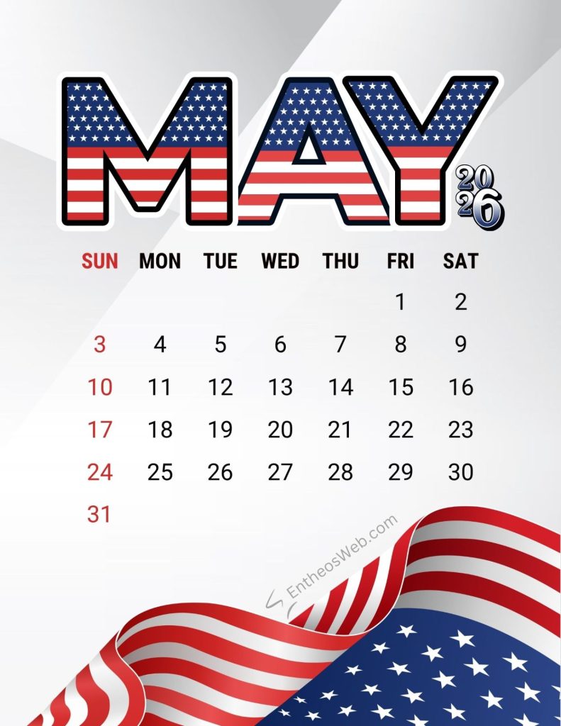 Decorative calendar header for may 2026 with flag patterned letters may and days of the week beneath May patriotic printable calendar with usa flag 2026