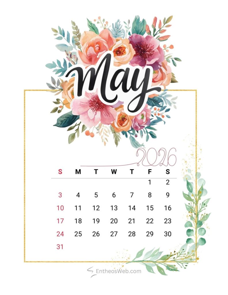 May 2026 printable calendar floral