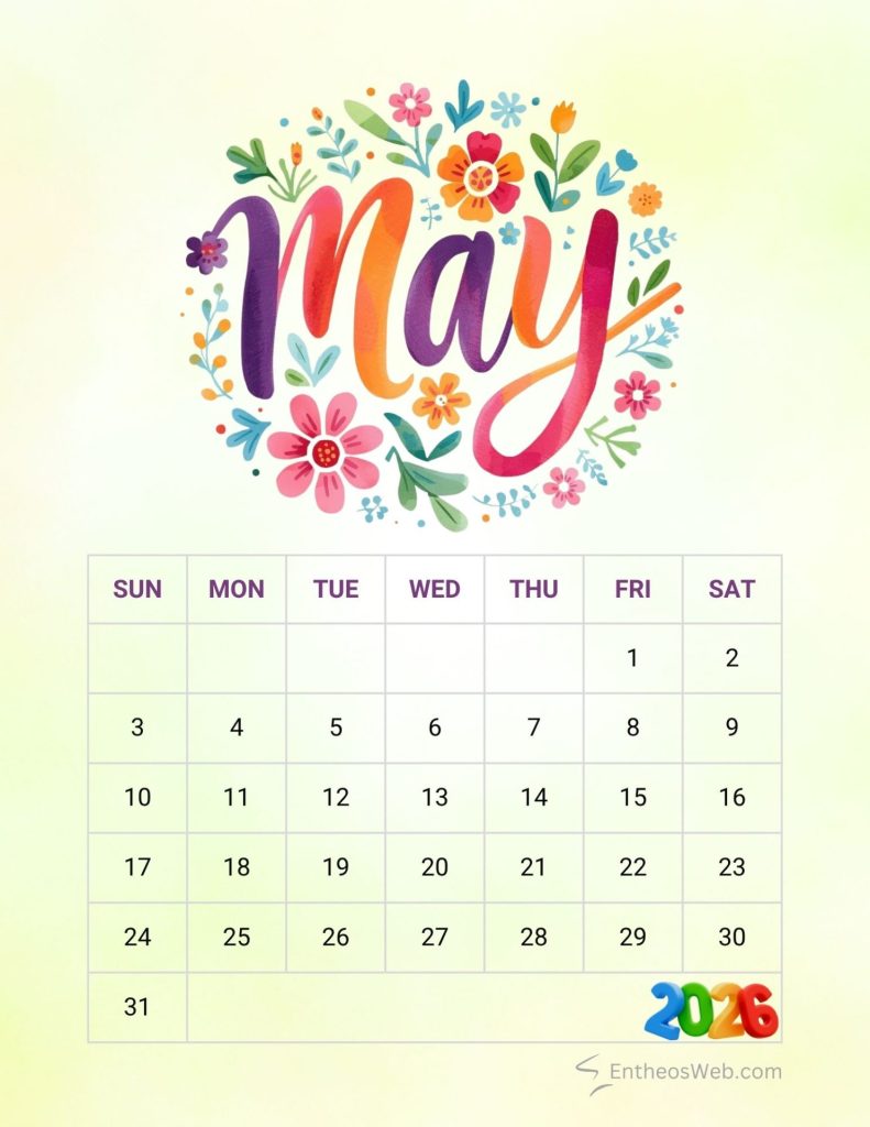 May 2026 printable calendar colorful floral