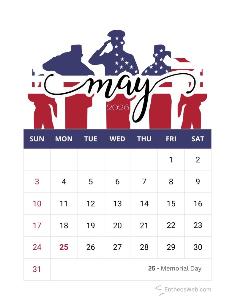 Memorial day theme may 2026 printable calendar