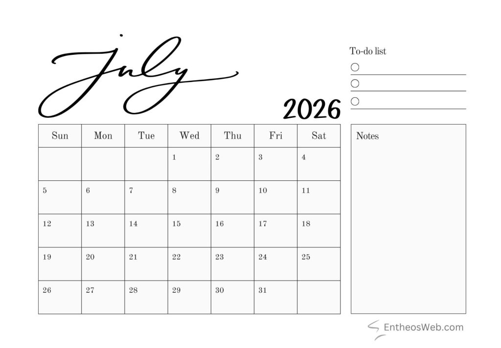 Minimalistic july calendar black and white with notes and to do list | july 2026 calendar printables 150+ free designs | entheosweb July 2026 calendar page with days grid and a to do list panel on the right Minimalistic july calendar black and white with notes and to do list