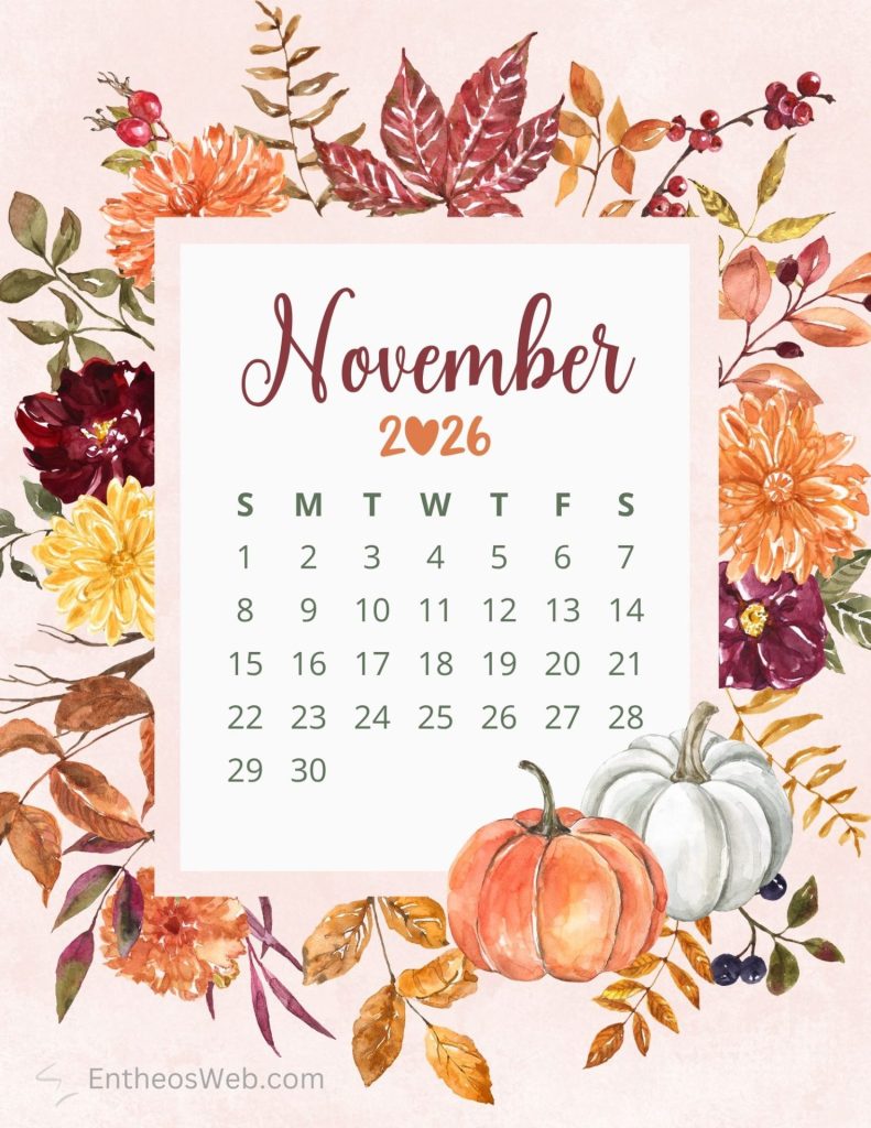 November 2026 calendar on a pale pink background framed by autumn flowers leaves and pumpkins on the border November 2026 calendar