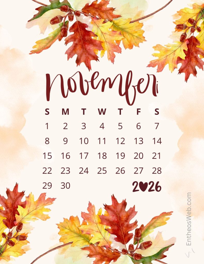 November 2026 calendar page with watercolor autumn leaves and a beige background November 2026 calendar   fall leaves