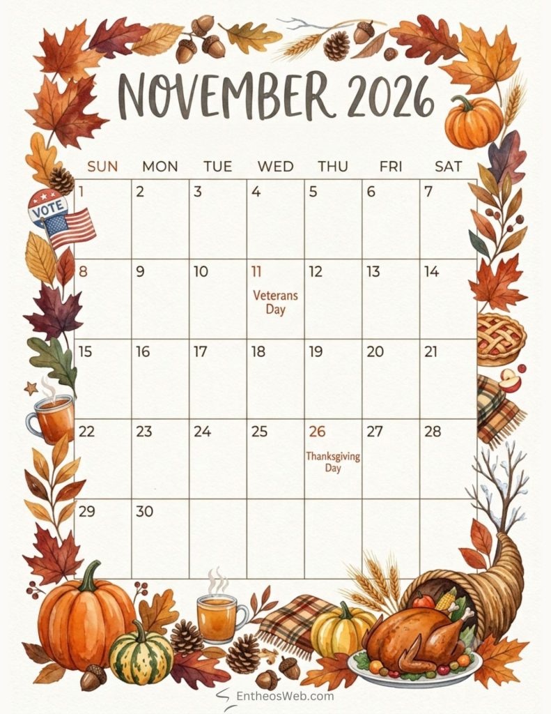 November 2026 calendar page with autumn leaves border pumpkins and a thanksgiving feast illustration November 2026 calendar with holidays november themes