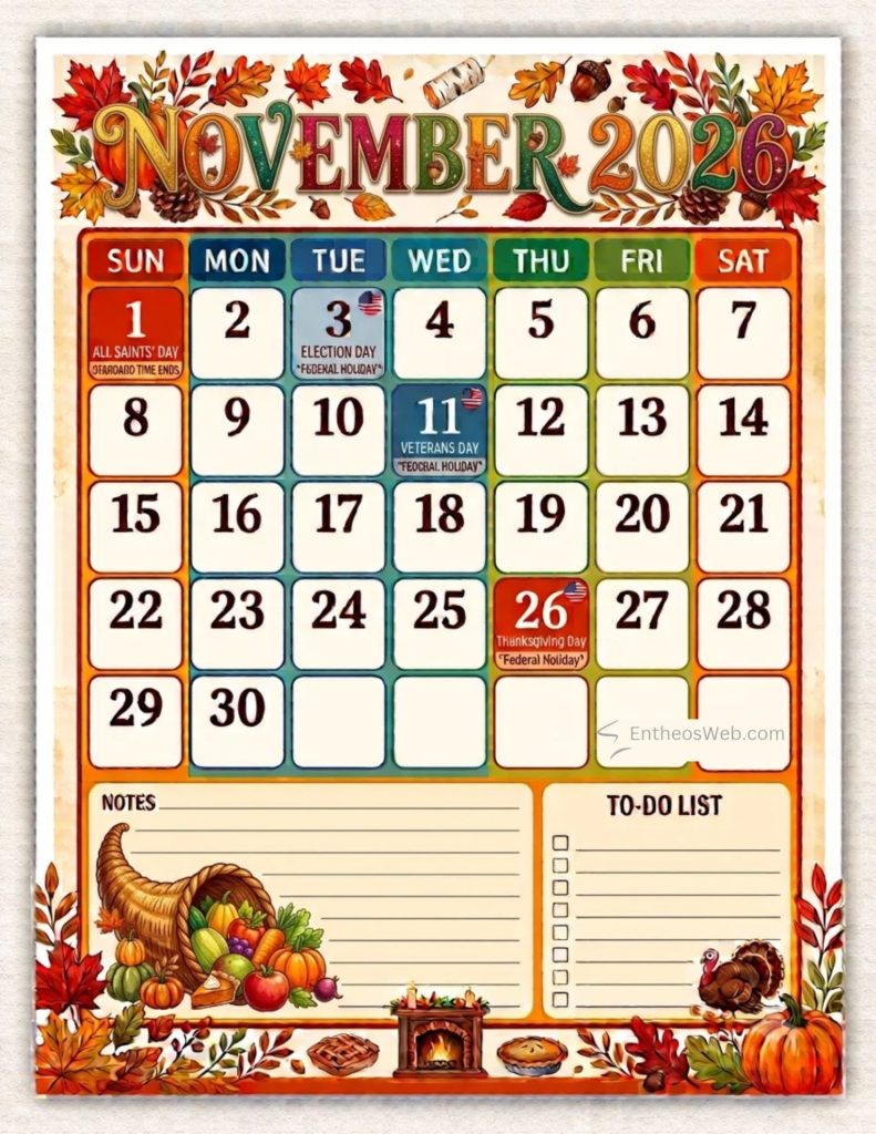 Colorful november 2026 calendar page with autumn leaves and holiday notes election day on 3 veterans day on 11 thanksgiving on 26 It includes a notes and to do section November 2026 calendar with holidays pumpkins pie