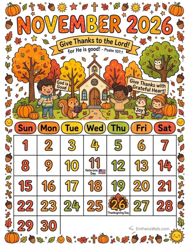 Colorful november 2026 calendar page with autumn scene pumpkins leaves a church and kids with signs reading god is good and give thanks with grateful heart days sunsat at the top November 2026 calendar with thanksgiving day sunday school