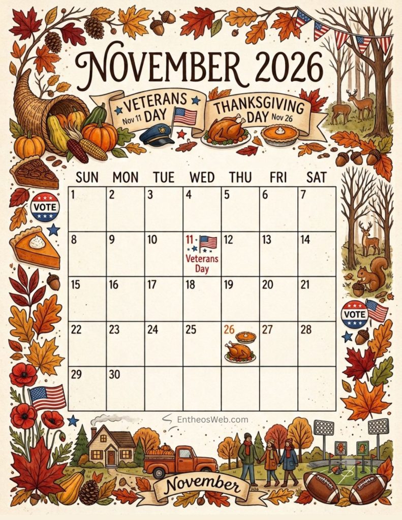 November 2026 calendar page with harvest illustrations thanksgiving and veterans day banners pumpkins leaves and autumn scenes November 2026 calendar with us holidays