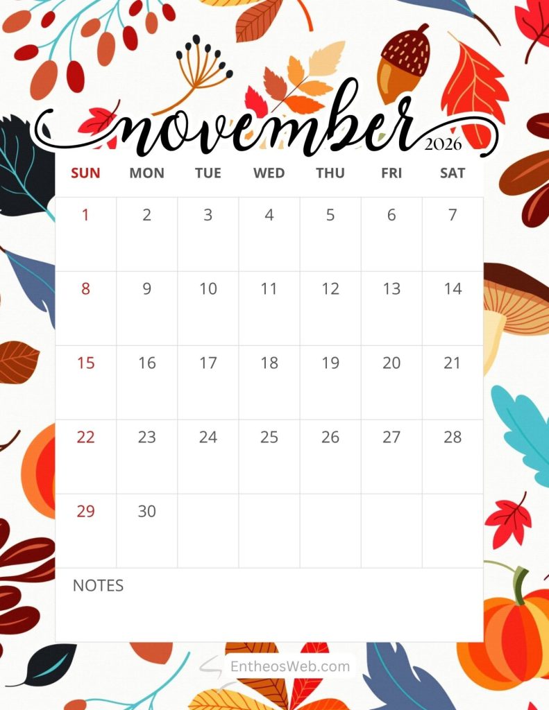 November printable calendar autumn november 2026 free printable calendar autumn