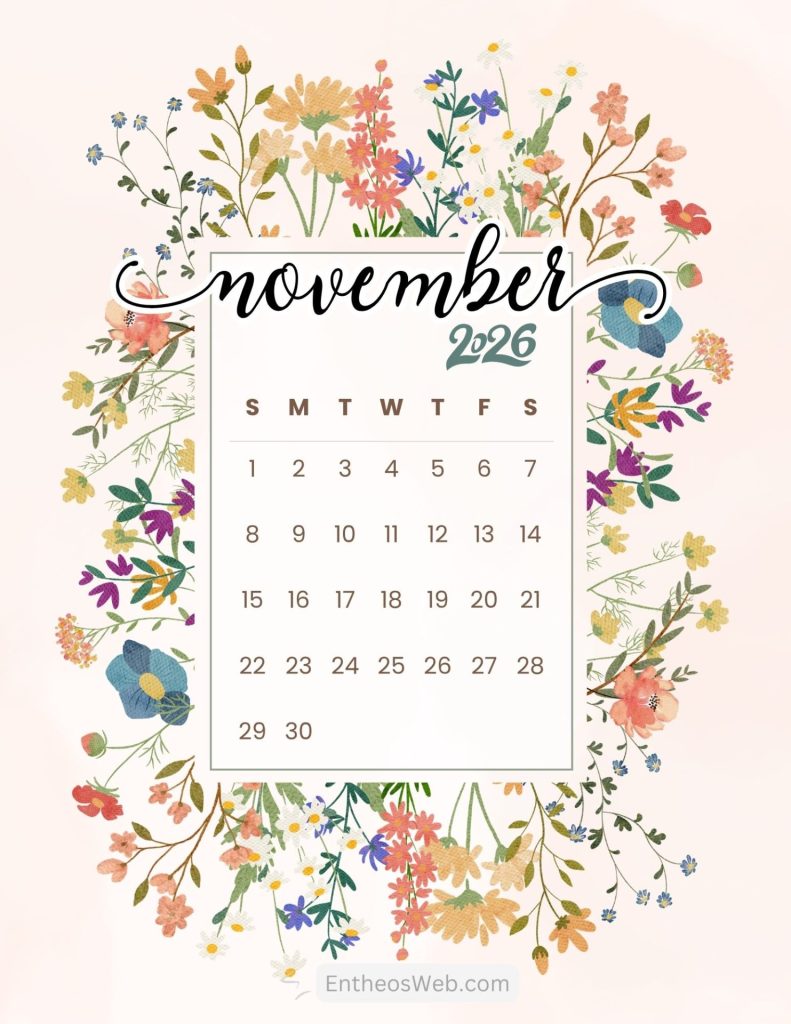 Decorative november 2026 calendar page with floral border and dates 130 around a centered grid november calendar printable 2026   colorful flower border