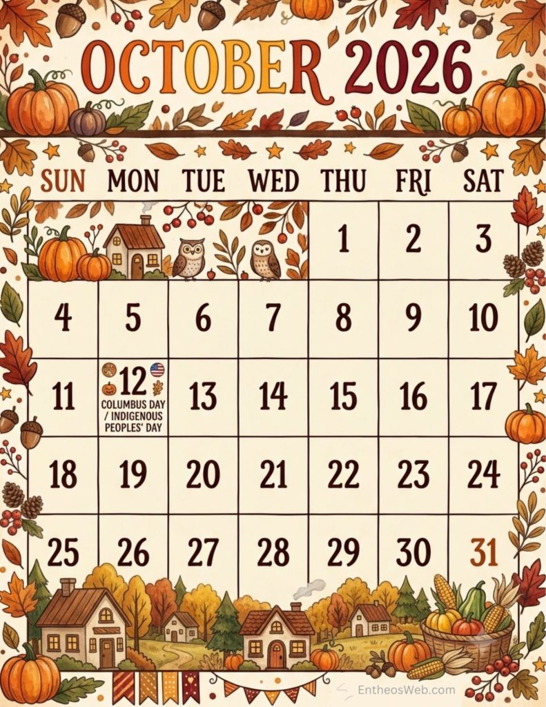 October 2026 calendar page with autumn leaves pumpkins and small house and owls in a seasonal illustration october 2026 calendar autumn pumpkins