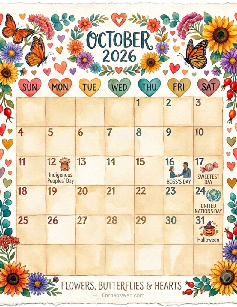 October 2026 calendar flowers butterflies hearts | october 2026 calendar printables | entheosweb October 2026 calendar with colorful flowers butterflies and hearts october 2026 calendar flowers butterflies hearts