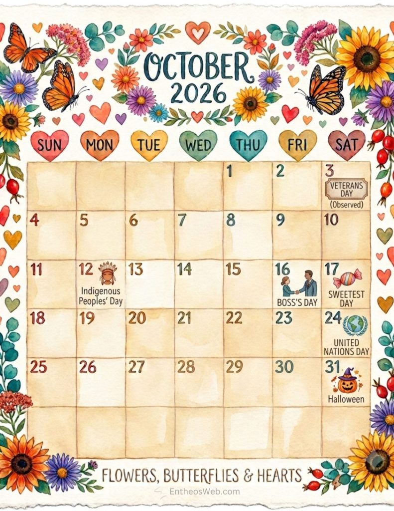 Decorative october 2026 calendar page with a floral border and butterflies showing days of the week as heart shaped markers and noted holidays such as indigenous peoples day veterans day observed bosss day united nations day and halloween October 2026 calendar flowers butterflies hearts