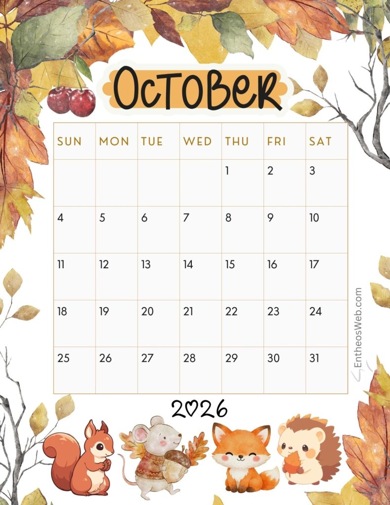 October calendar fall background and cute animals | october 2026 calendar printables | entheosweb October calendar printable with cute animals october calendar fall background and cute animals