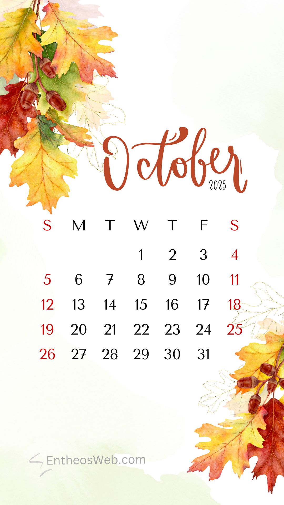 October Calendar Phone Wallpaper   Beautiful Watercolor Fall Leaves | October 2025 Phone Wallpapers | Entheosweb October 2025 phone wallpaper