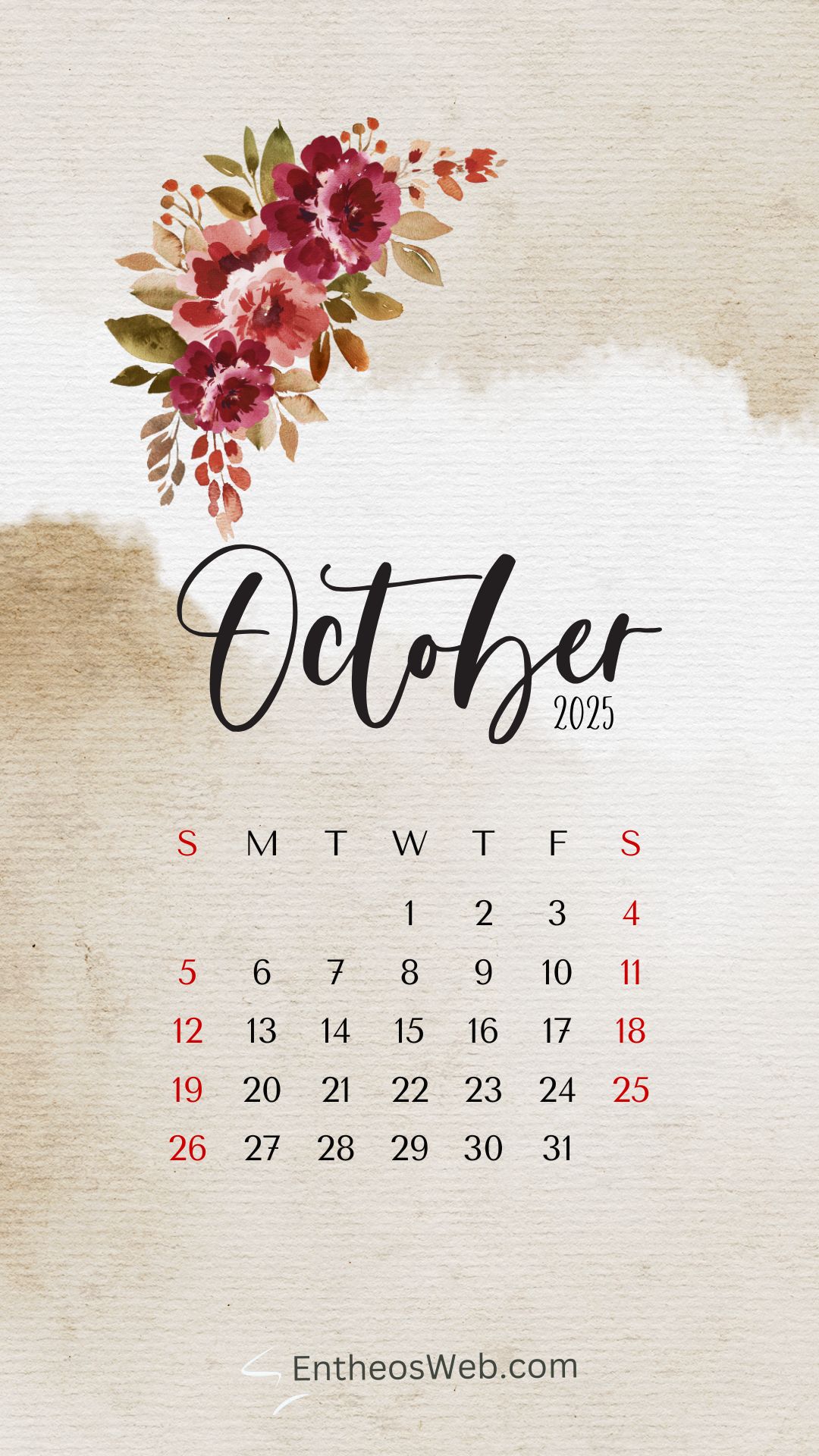 October Calendar Phone Wallpaper   Beautiful Watercolor Flowers | October 2025 Phone Wallpapers | Entheosweb October 2025 phone wallpaper