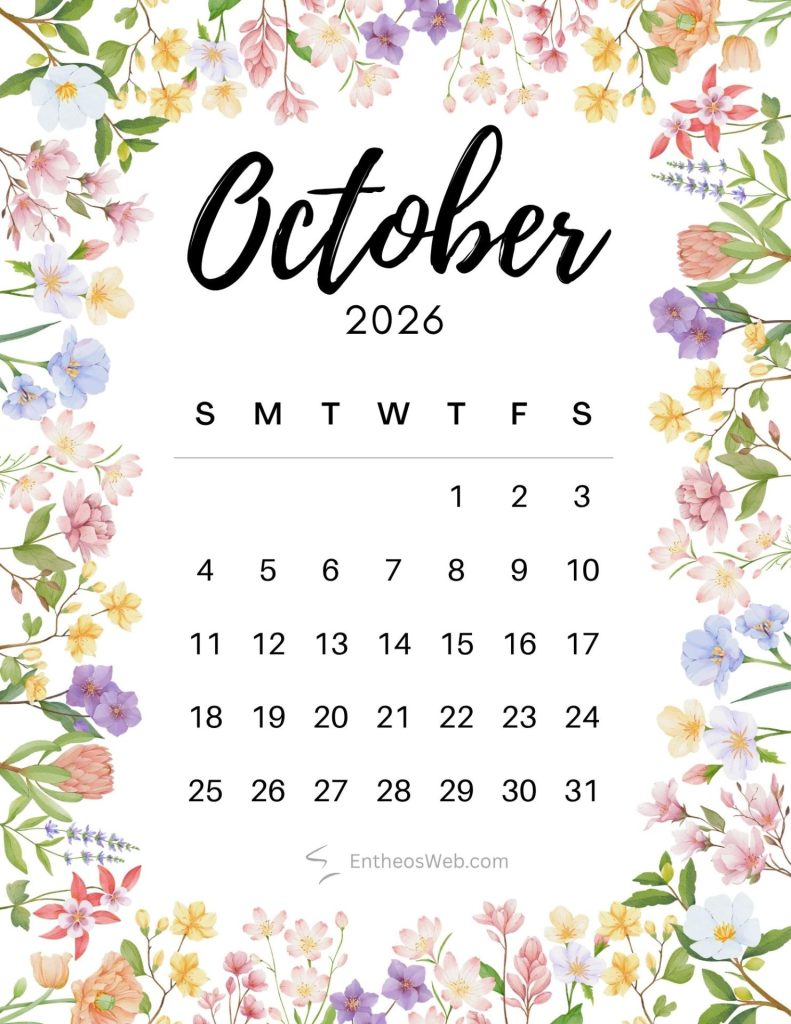 October printable calendar with floral border october printable calendar floral border