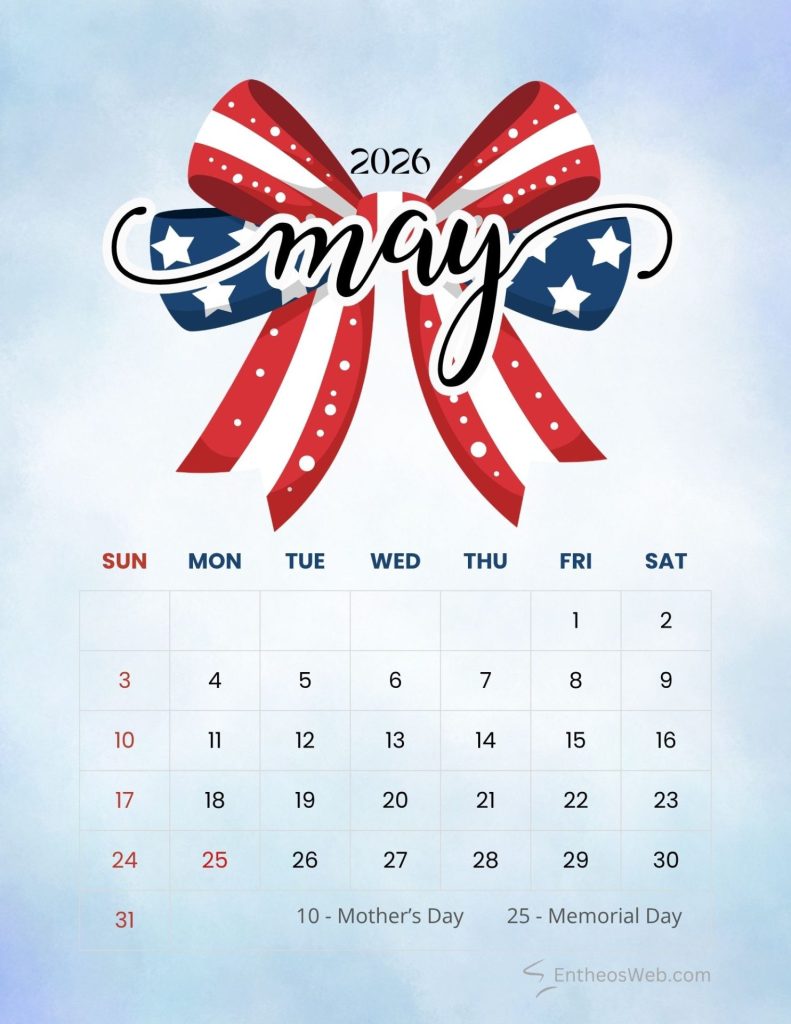 Patriotic may 2026 printable calendar usa bow