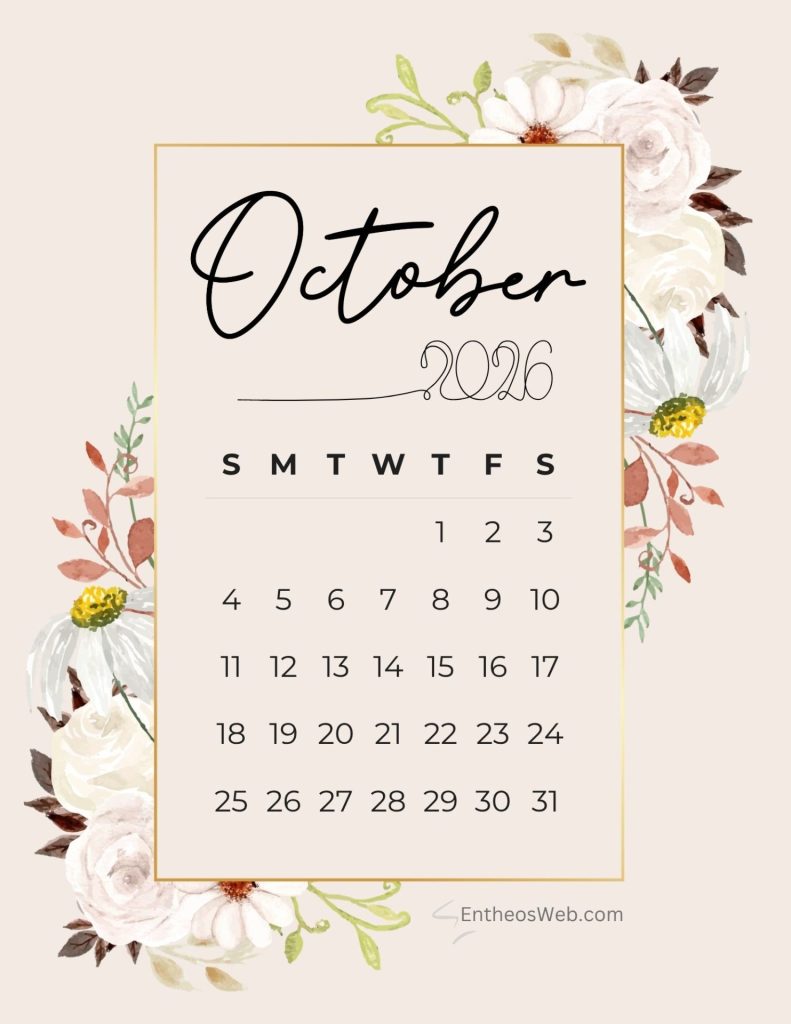 Pretty october calendar floral frame | october 2026 calendar printables | entheosweb Pretty october calendar with floral frame pretty october calendar floral frame