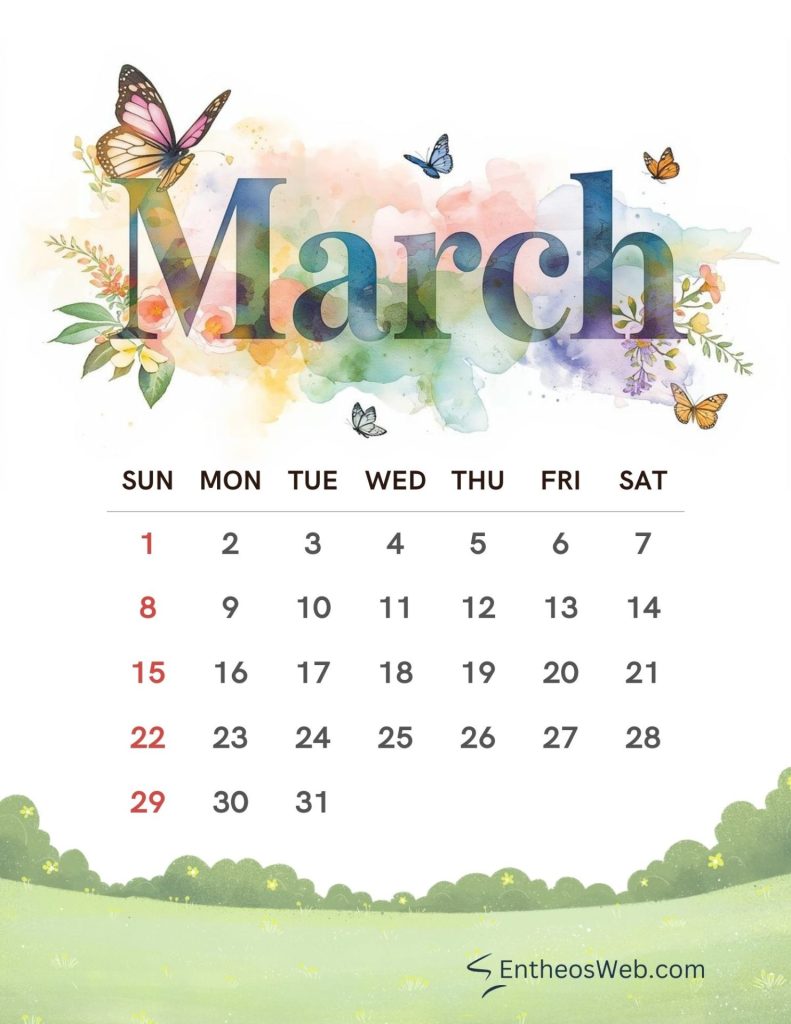 Printable march calendar 2026 butterflies