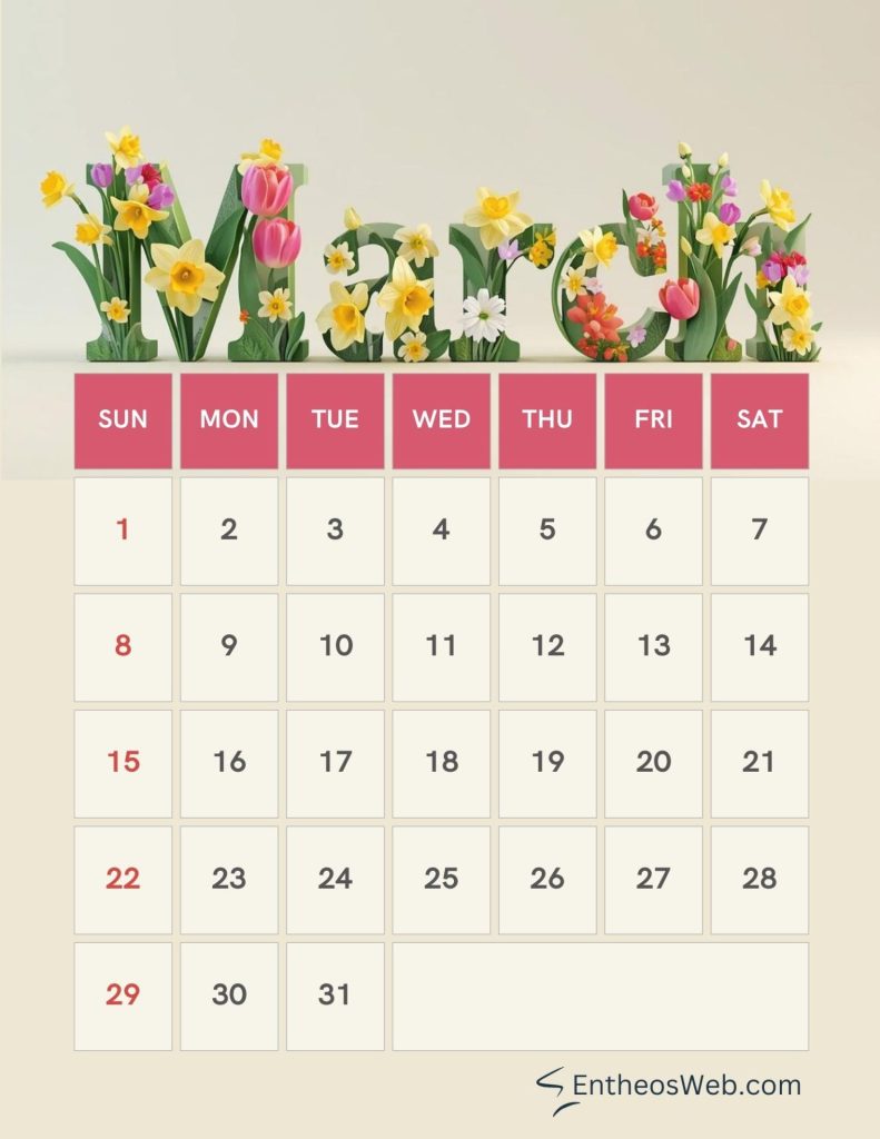Printable march 2026 calendar spring