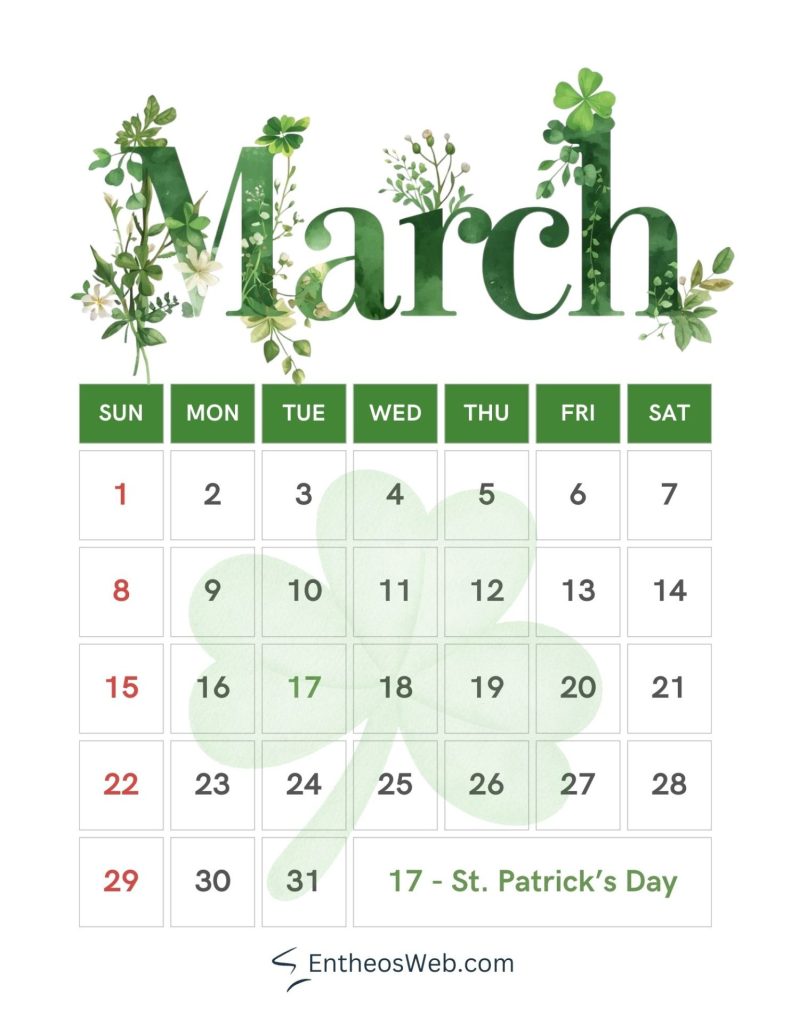 Printable march calendar 2026 st patricks day 2