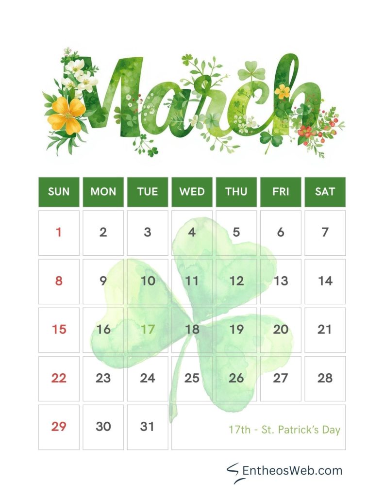 Printable march calendar 2026 st patrick's Day