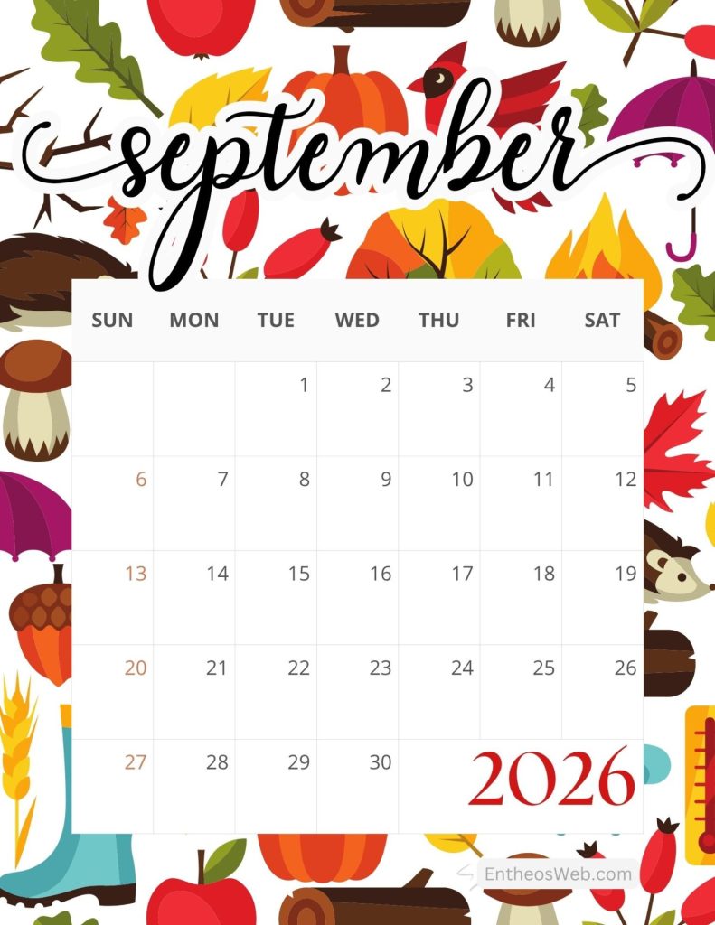 Decorative september calendar page with sunsat headers and dates against an autumn themed background of leaves pumpkins and branches Printable september calendar 2026