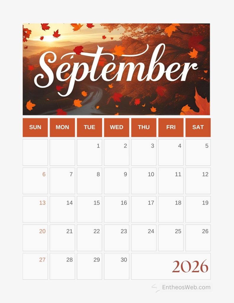 September calendar banner with autumn leaves and a grid of days starting on sunday for the year 2026 printable september calendar 2026 autumn header background