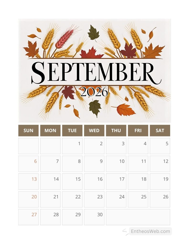 September 2026 calendar page with a harvest themed wheat motif and a sunsat grid printable september calendar 2026 harvest and fall