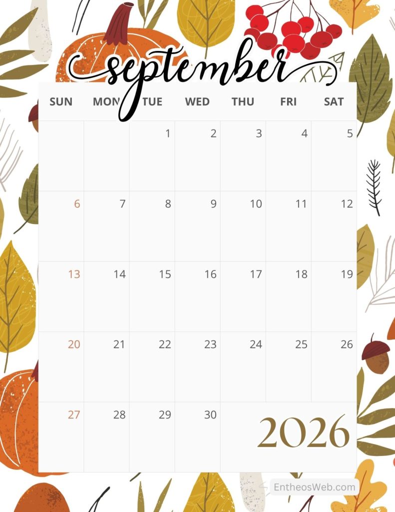 Autumn themed september 2026 calendar with a grid of dates over a leafy background Printable september calendar 2026 with autumn background