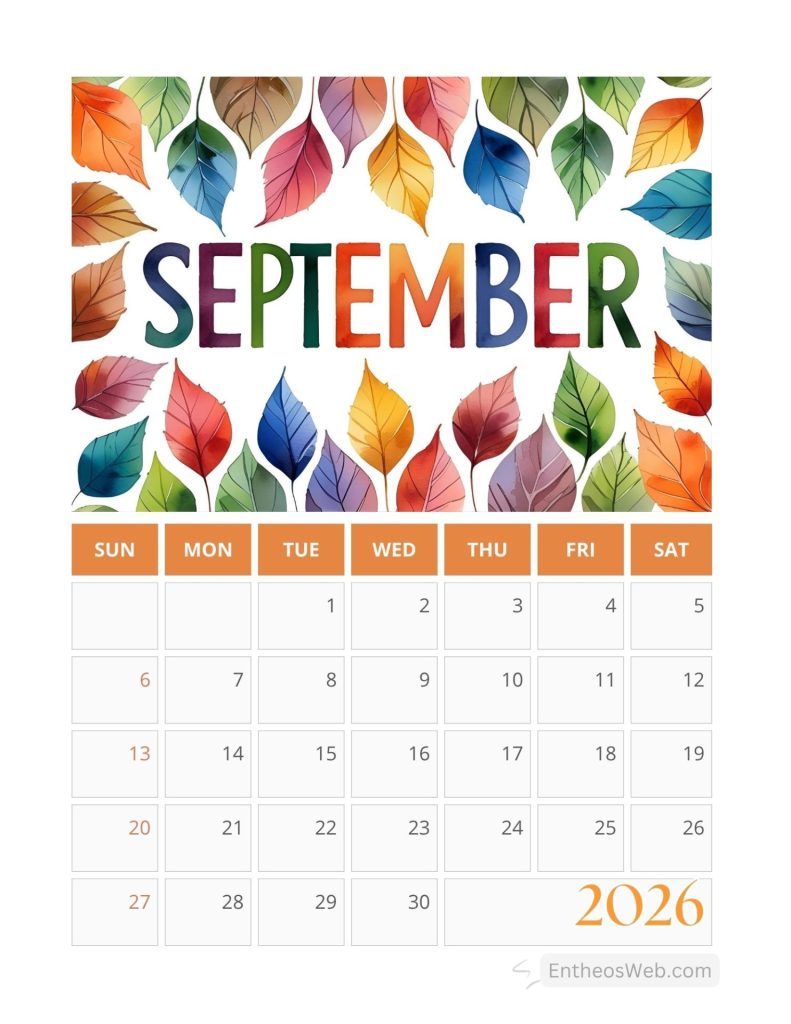 Colorful september calendar header with autumn leaves border and date grid for 2026 Printable september calendar 2026 with colorful fall leaves header