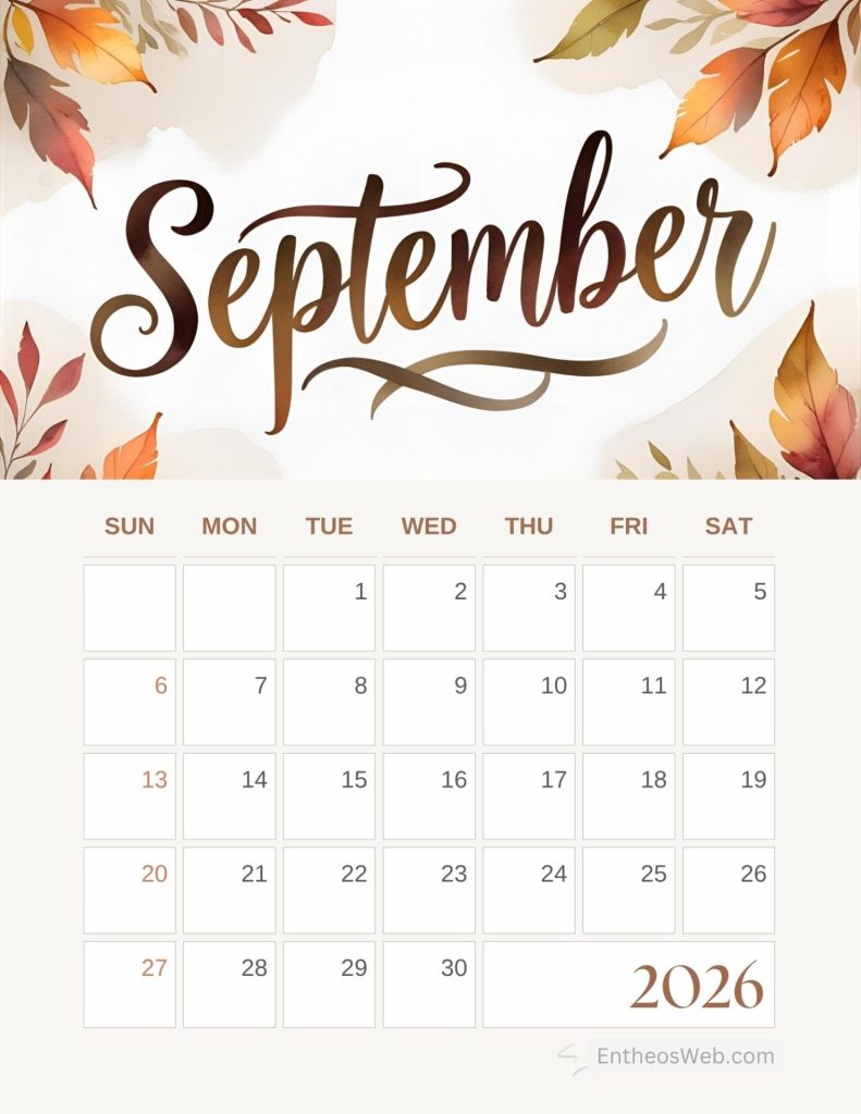 September 2026 calendar page with a decorative autumn leaf border and a grid of dates printable september calendar 2026 with fall leaves