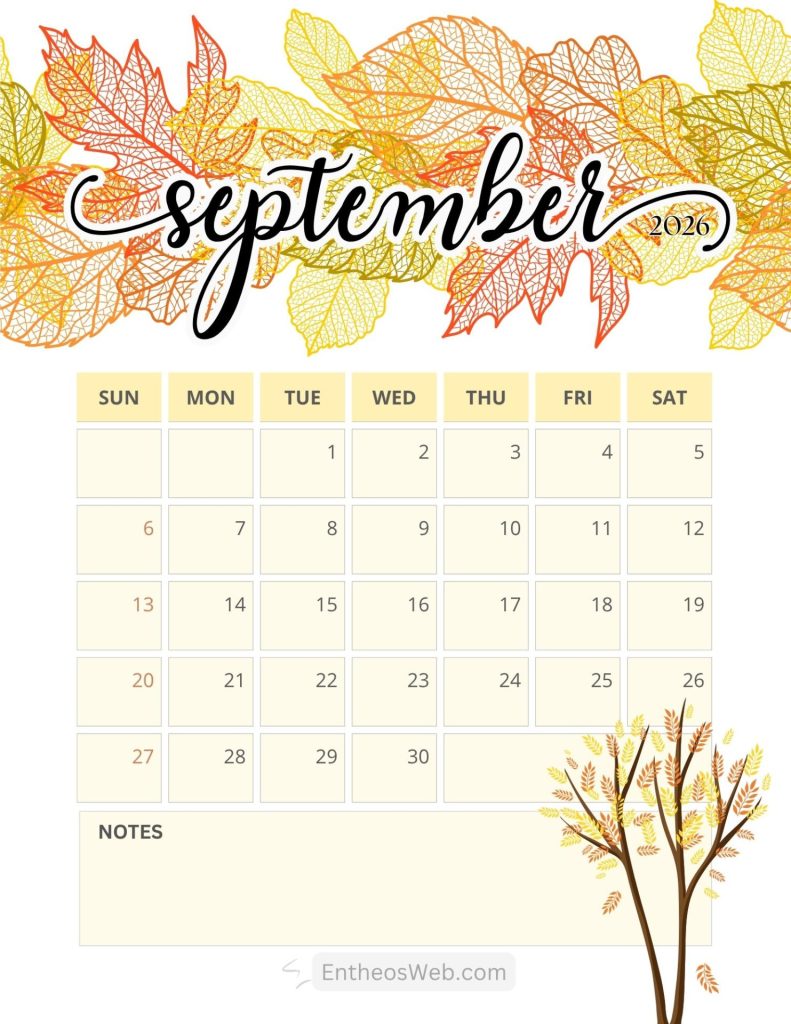September 2026 calendar page with a decorative autumn leaf border showing weekdays and numbered dates and a notes section below Printable september calendar 2026 with notes