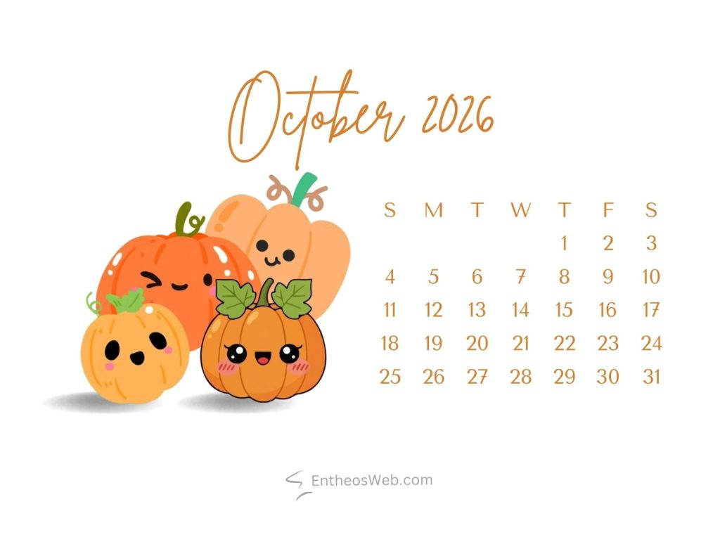Cute pumpkins illustrated on the left of a october 2016 calendar page with the days of the week and dates on the right Pumpkin festival october 2026 calendar printable