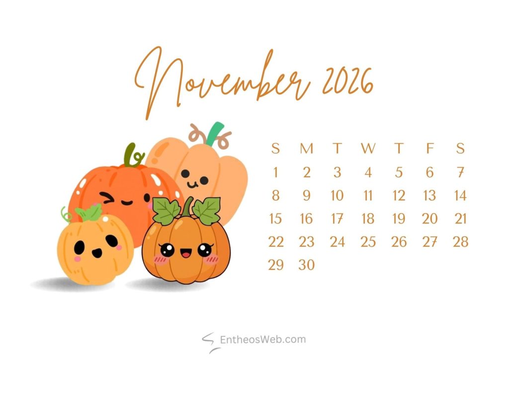 Cute group of smiling cartoon pumpkins next to a november 2016 calendar page pumpkins november 2026 calendar printable