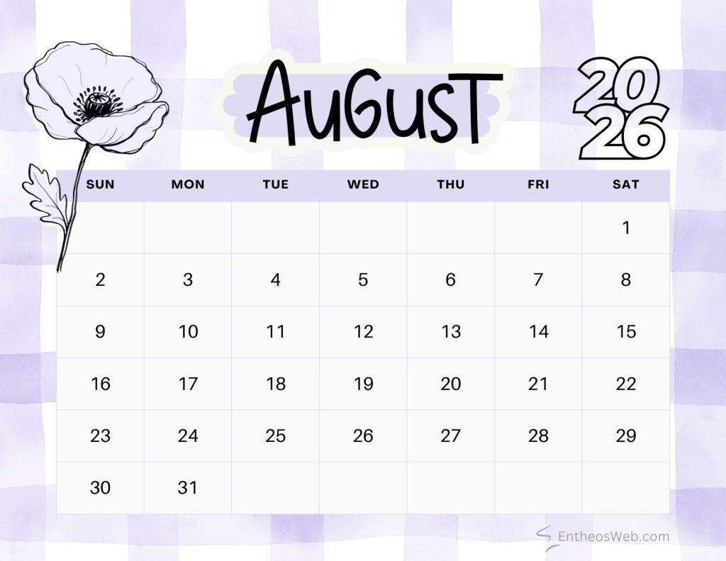 Purple august calendar 2026 with poppy birth flower purple august calendar 2026 poppy birth flower