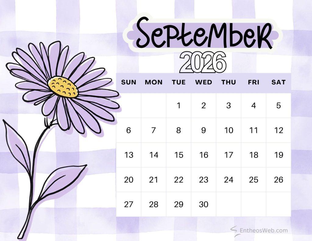 September 2026 calendar page with a large purple daisy illustration and a grid of dates september birth flower printable calendar purple checks