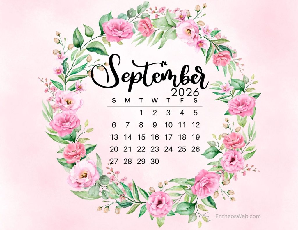 September 2026 calendar framed by a pink floral wreath on a soft pink background september calendar 2026 pink floral wreath
