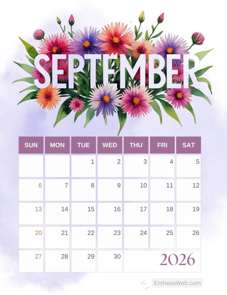 Colorful bouquet with the word september above a 2026 calendar grid sunsat September calendar 2026 printable with asters and purple background