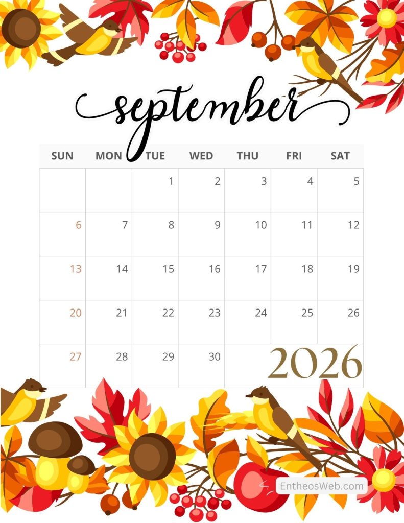 September 2026 calendar page with decorative fall foliage border sunflowers leaves berries September calendar 2026 printable with birds sunflowers and fall leaves