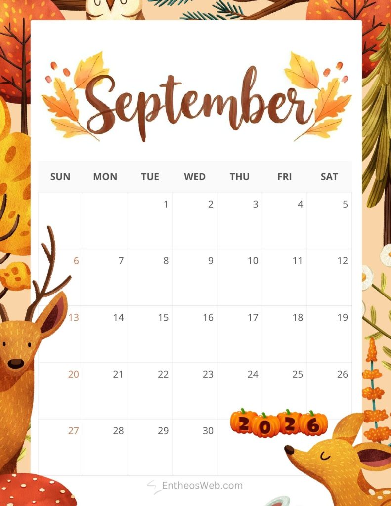 Autumn themed september calendar page with a watercolor september header and a grid of days surrounded by fall decorations like leaves pumpkins and deer September calendar 2026 printable with fall leaves and deer