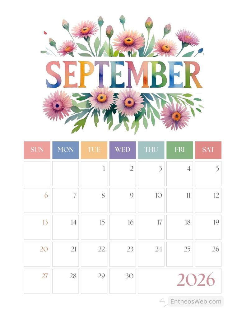 Colorful september 2026 calendar page with a watercolor flower border and day grid September calendar 2026 with asters