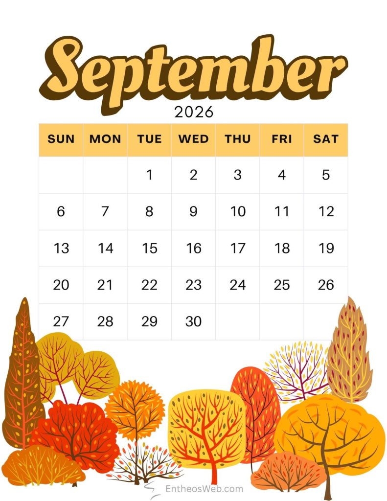 September calendar fall | september 2026 calendar printables | entheosweb September 2026 calendar page with a weekly grid and autumn leaves border showing days sunsat and dates 13031 September calendar fall