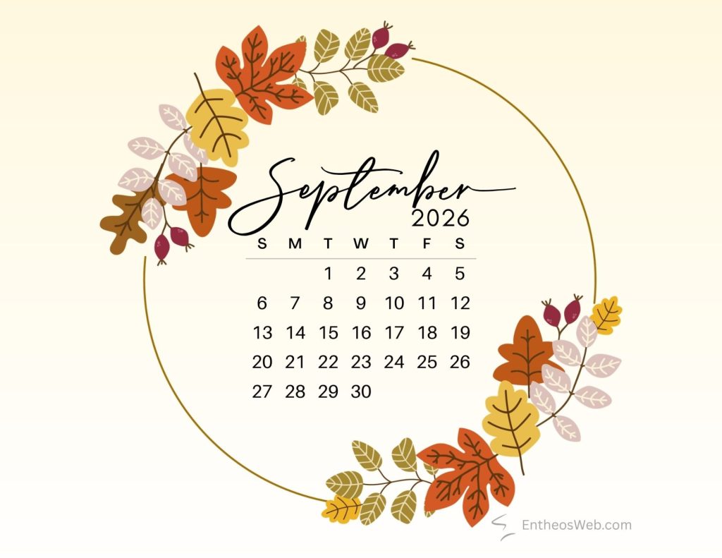 Fall calendar page for september 2026 with a wreath of autumn leaves around the dates September printable calendar autumn frame