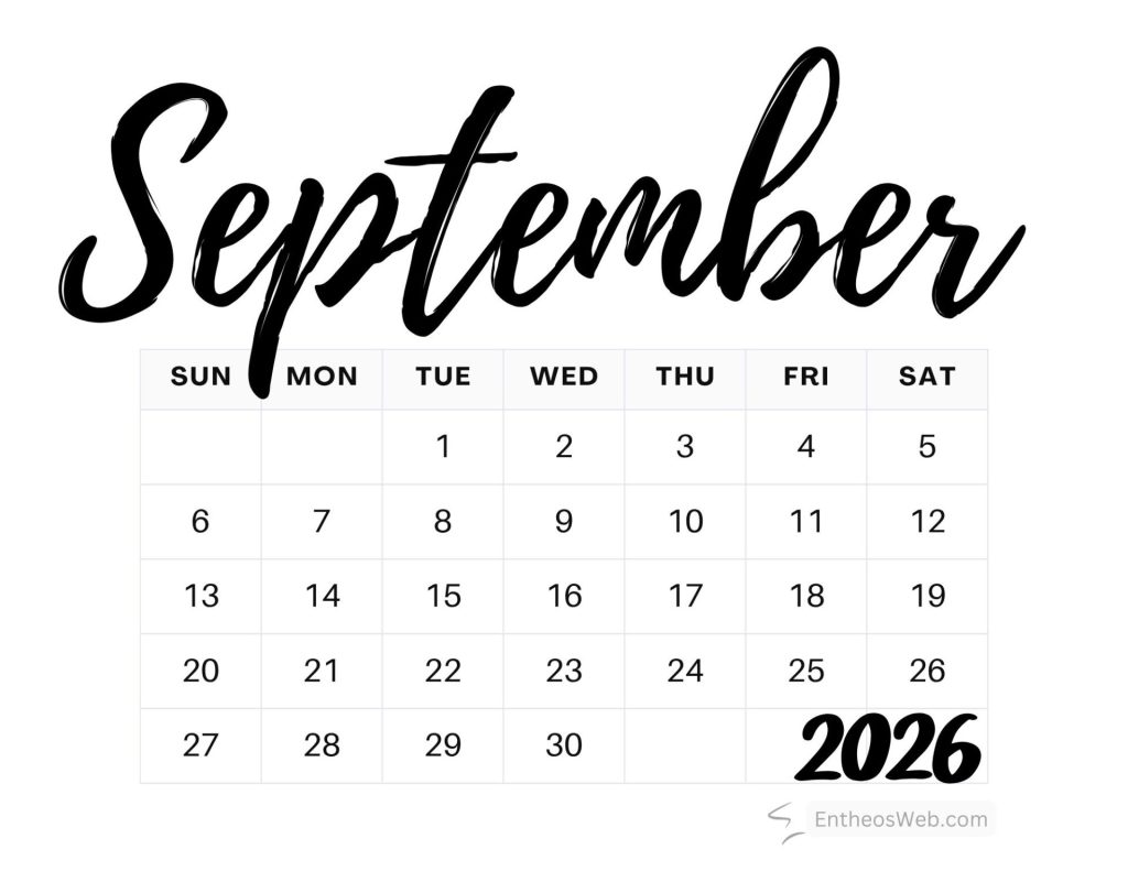 September 2026 calendar page with a grid of numbered days and a decorative september banner at the top September printable calendar black and white